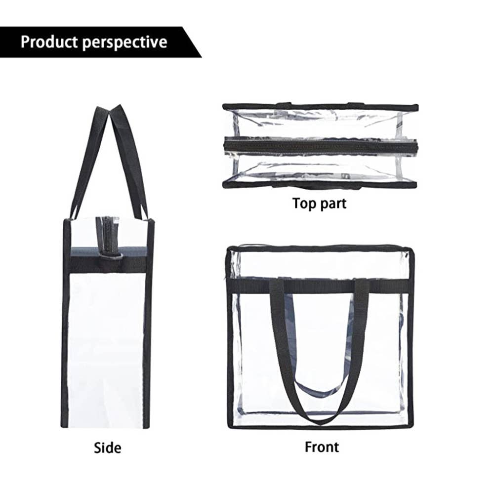 Clear tote bag with handles and zipper closure, stadium approved, by Wholesalesir, designed for secure carrying and easy access.