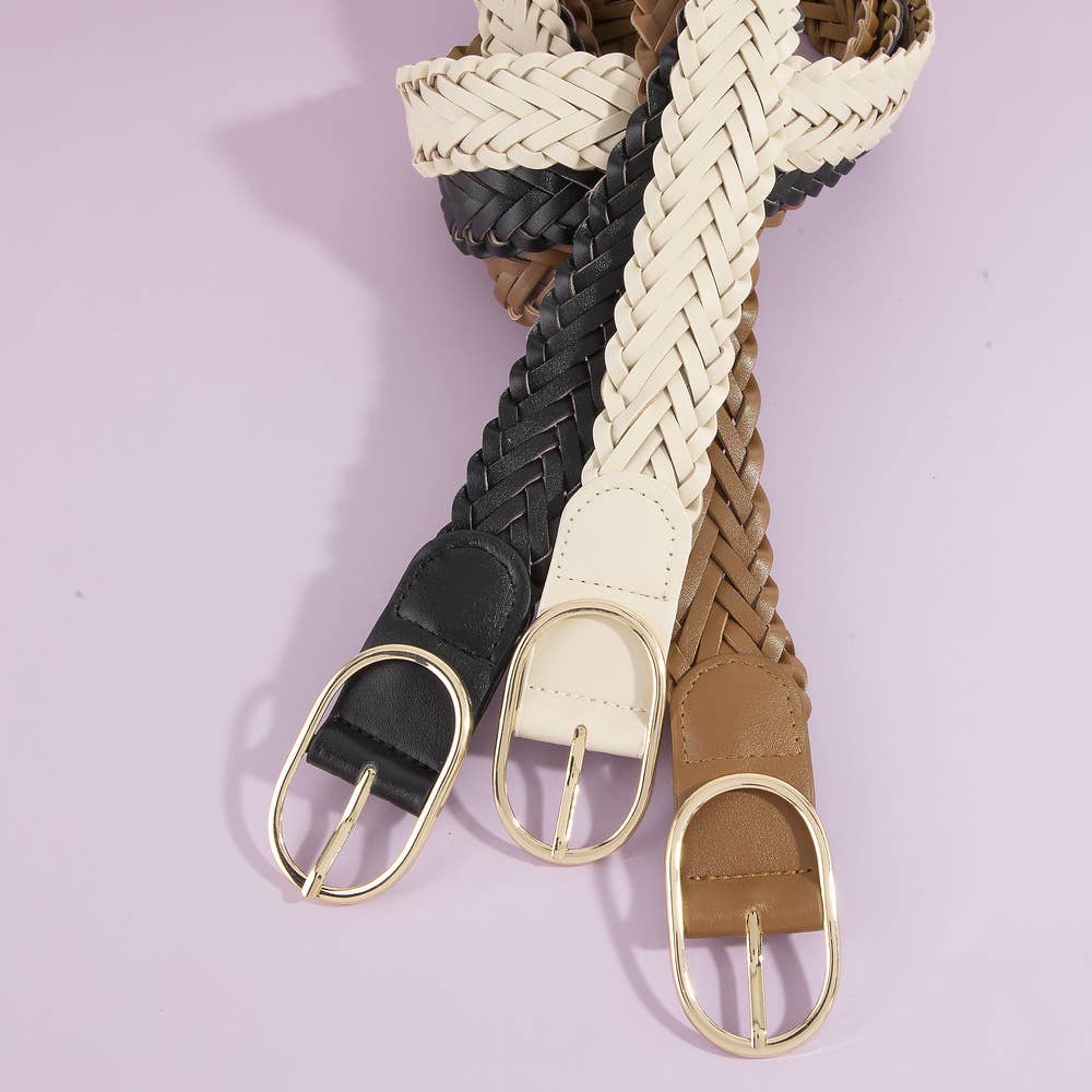 Wide Braided Vegan Leather Oval Buckle Belt