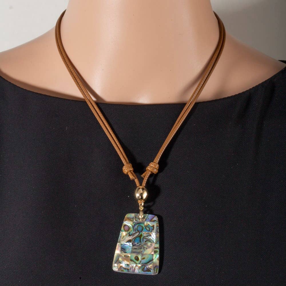 Shell Grid Rectangle Pendant Layered Cord Necklace
