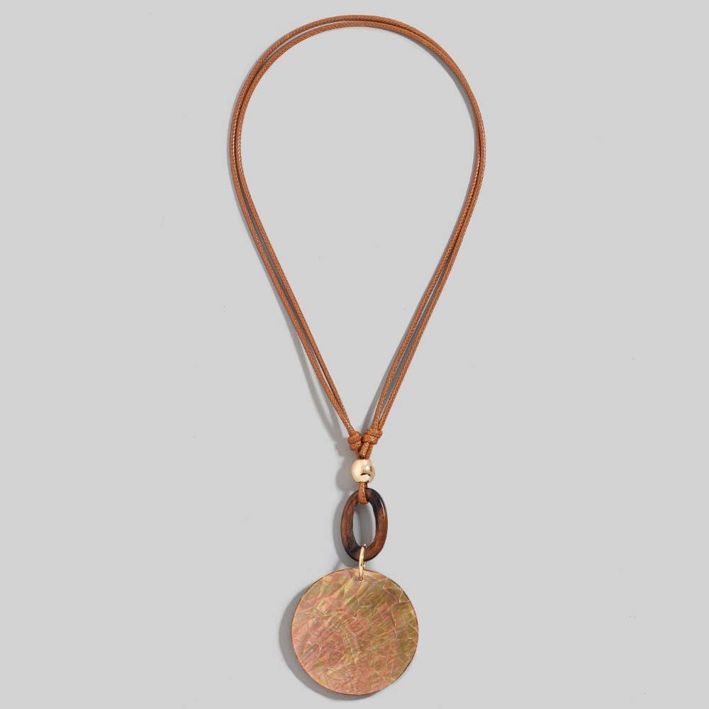 Mosaic Shell Disc And Wooden Hoop Pendant Cord Necklace