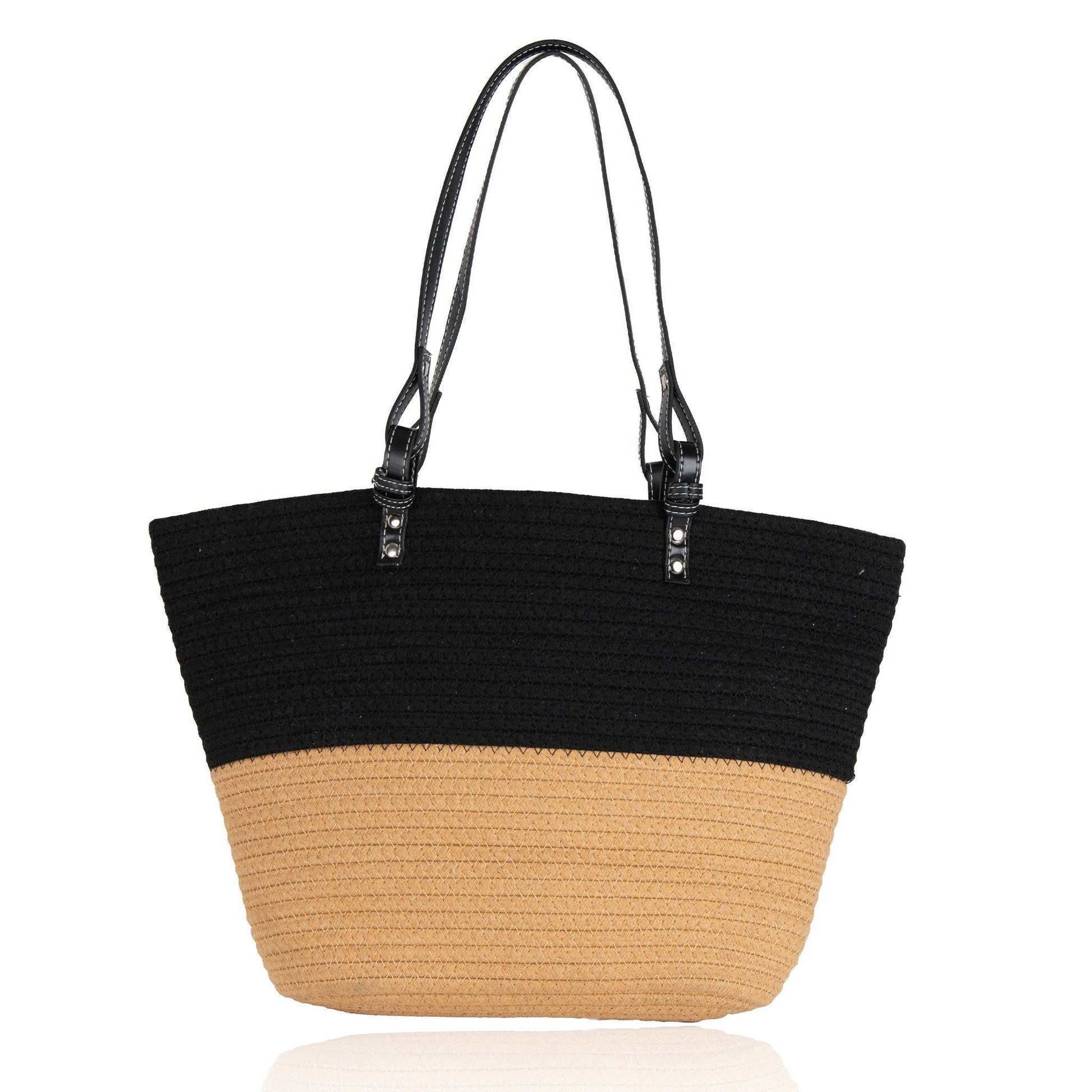 Elsie & Zoey woven beach tote bag with sturdy handles and spacious interior, perfect for summer outings and seaside trips.