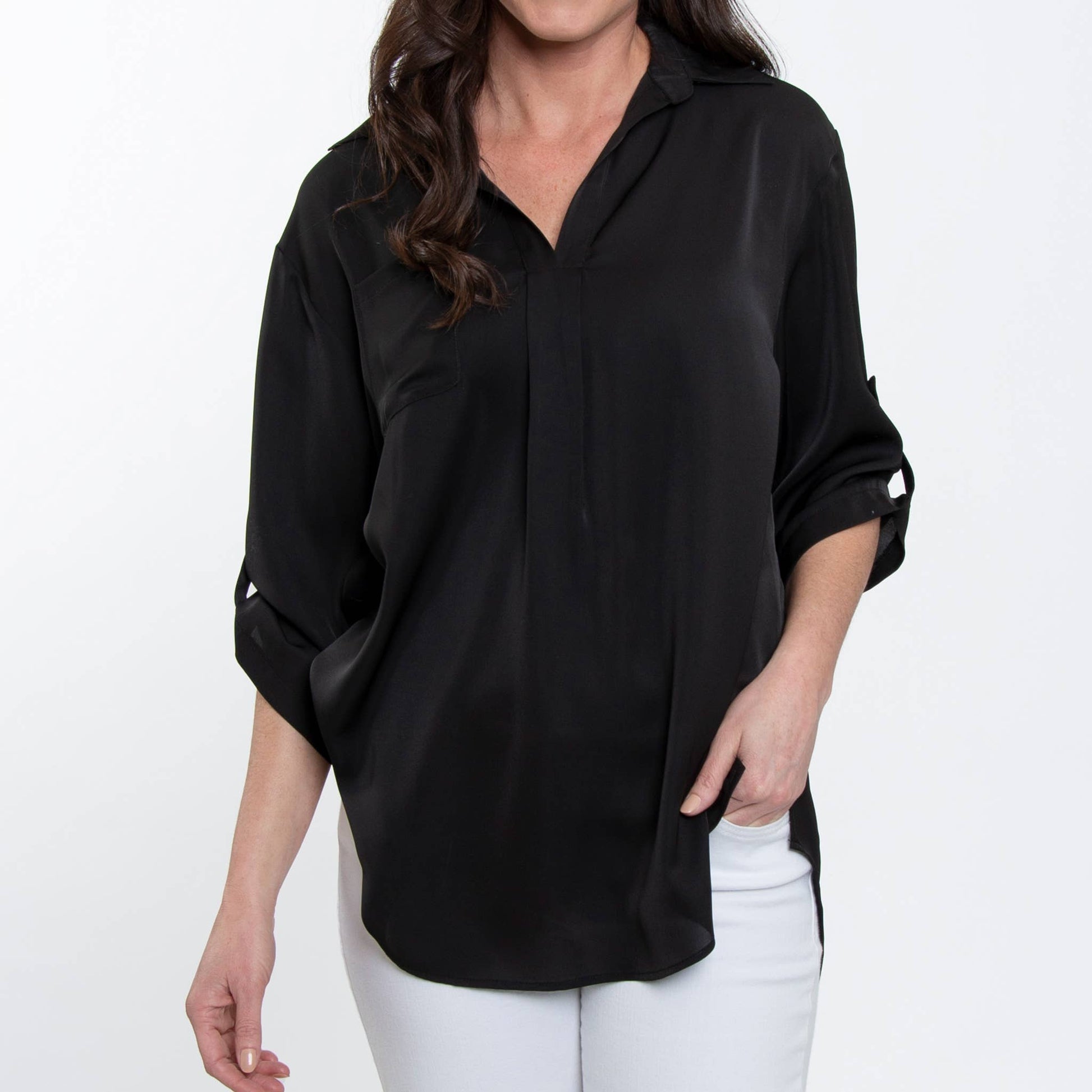 Elsie & Zoey Amaris blouse top with a relaxed fit, collared neckline, half sleeves, and V-neck style.