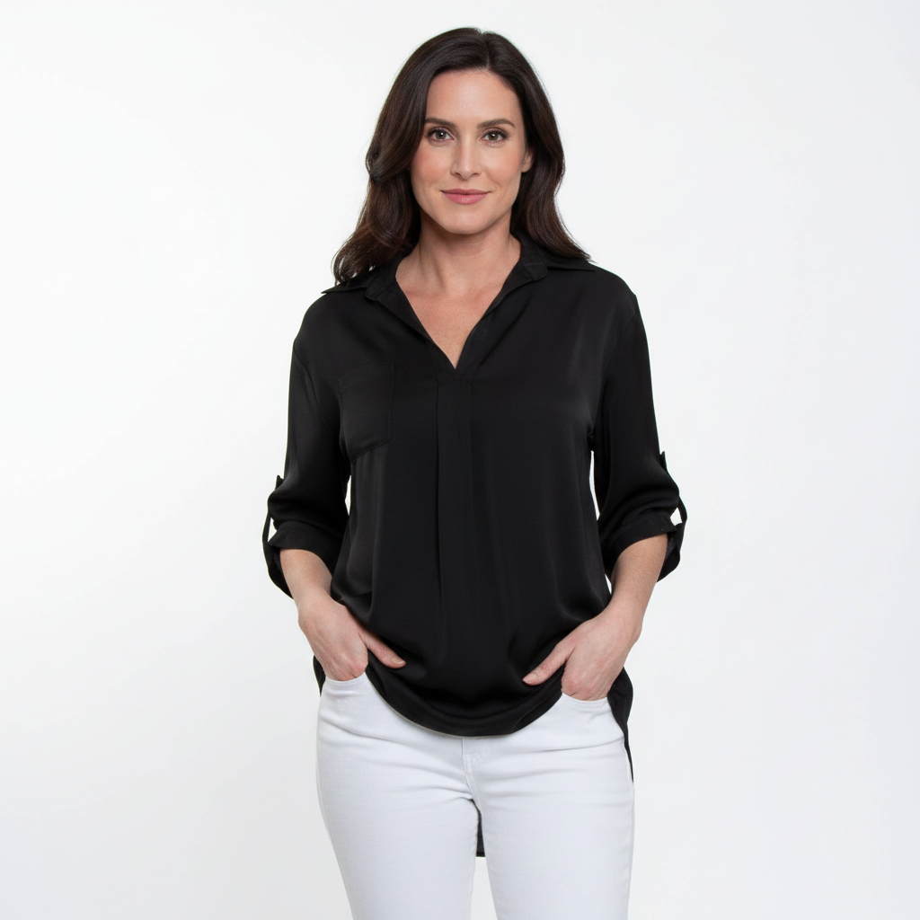 Elsie & Zoey blouse top with collared neckline, relaxed fit, half sleeves, and V-neck style, shown in a natural fabric texture.
