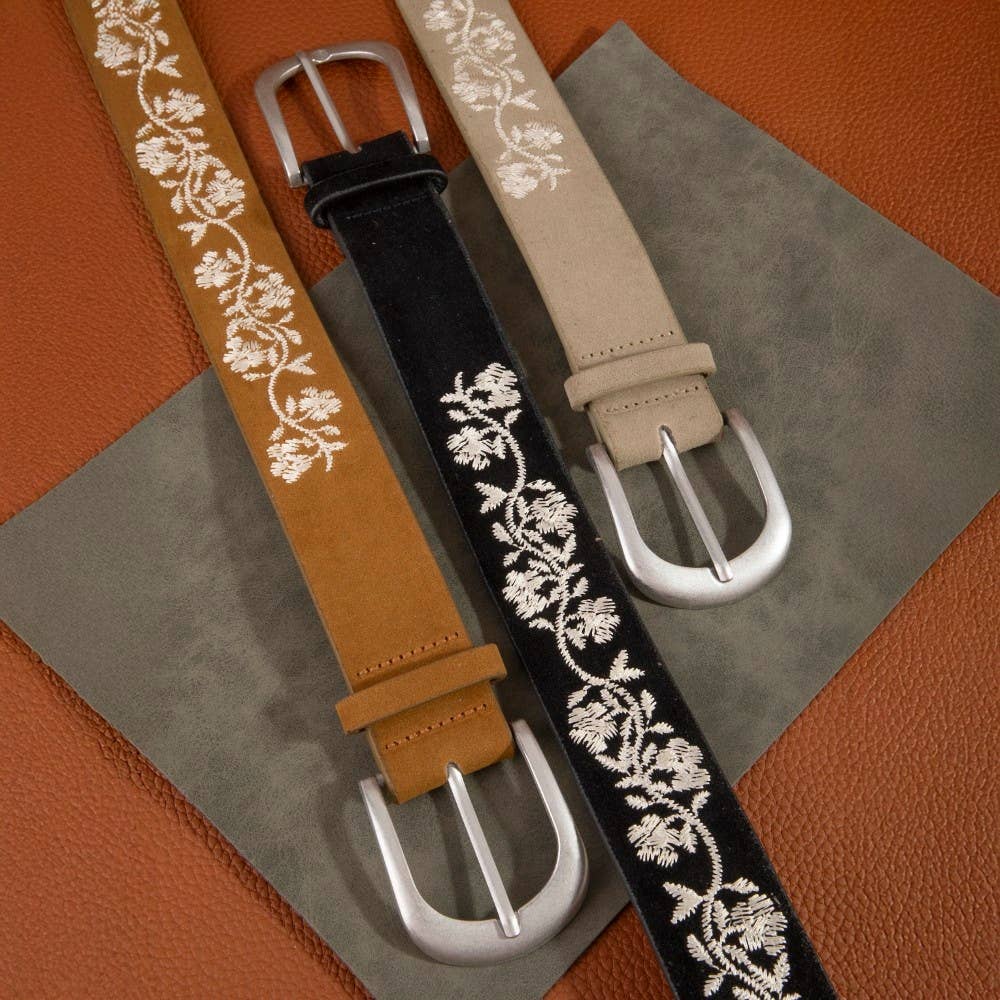 Embroidered Flower Vine Print Vegan Leather Belt