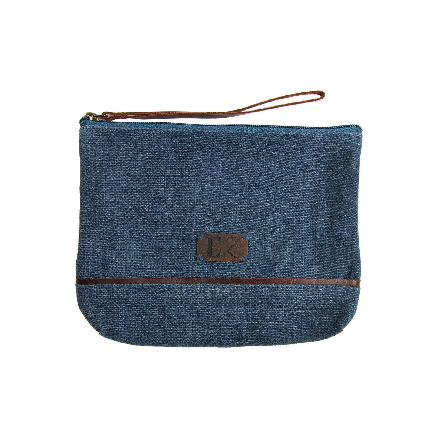 Blue denim pouch with brown zipper and strap on a white background