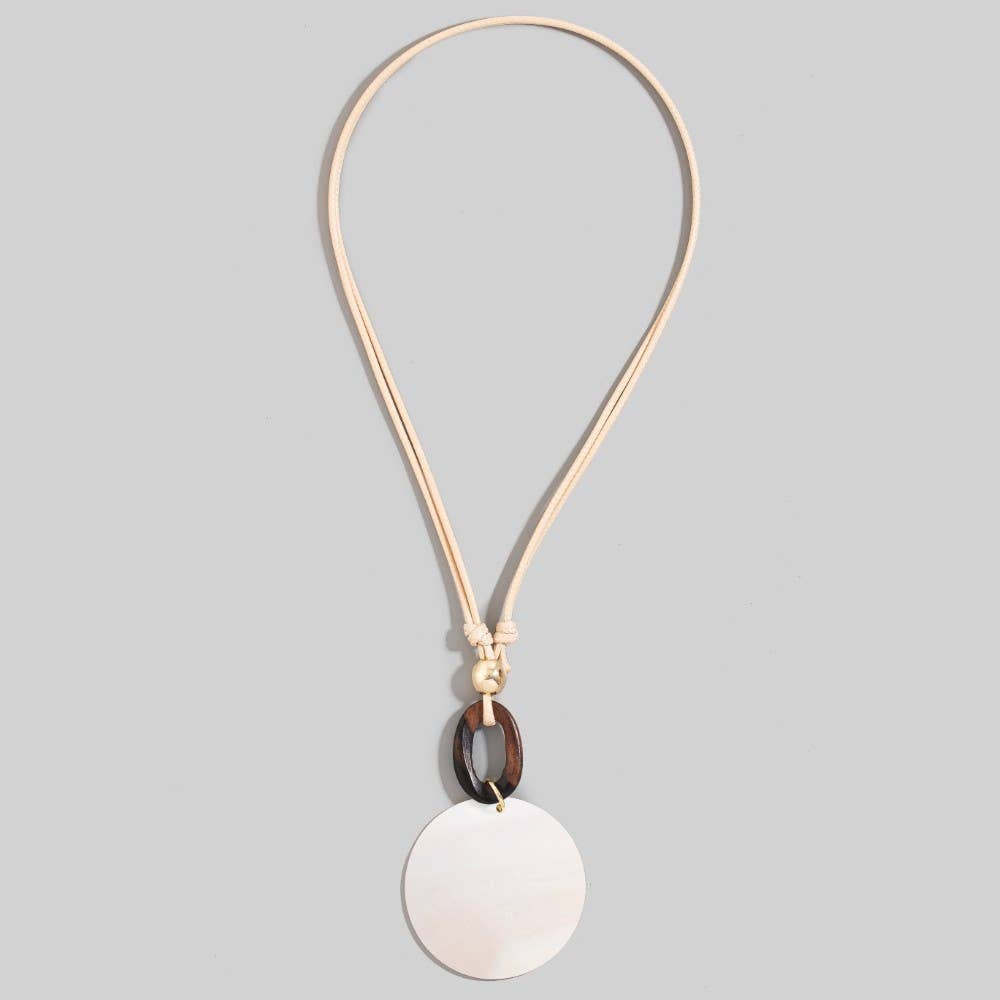 Large Sea Shell Disc Pendant Wooden Hoop Cord Necklace