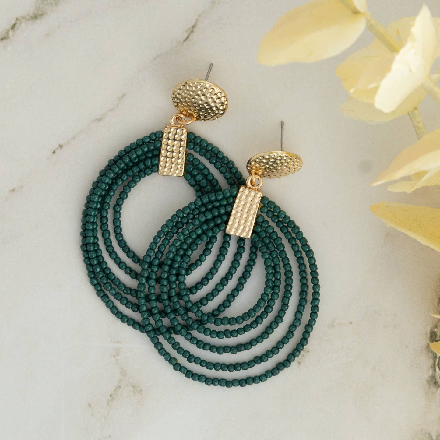 Nickel-free Howard's hoop seed bead drop earrings with colorful beads and gold-tone accents, stylish jewelry for everyday wear.