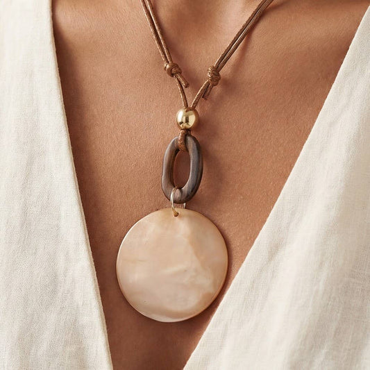 Large Sea Shell Disc Pendant Wooden Hoop Cord Necklace