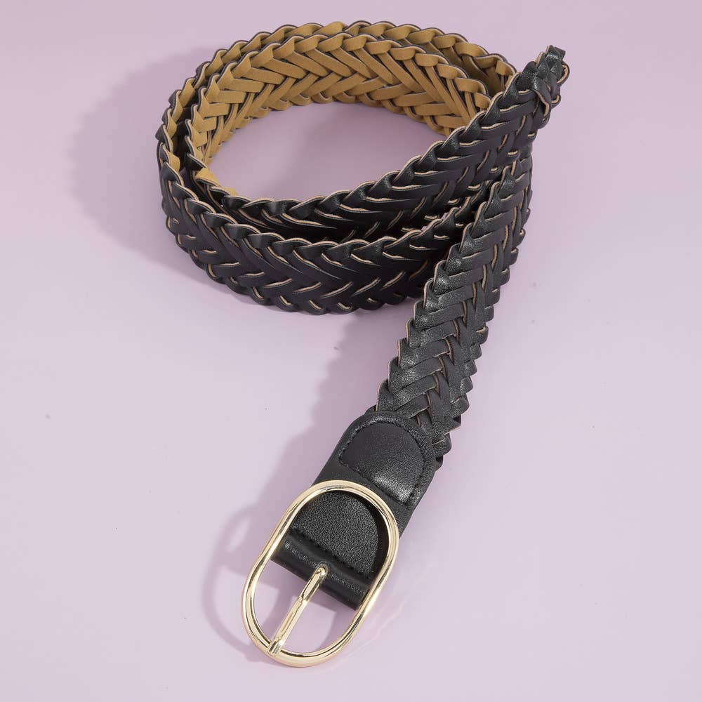 Wide Braided Vegan Leather Oval Buckle Belt