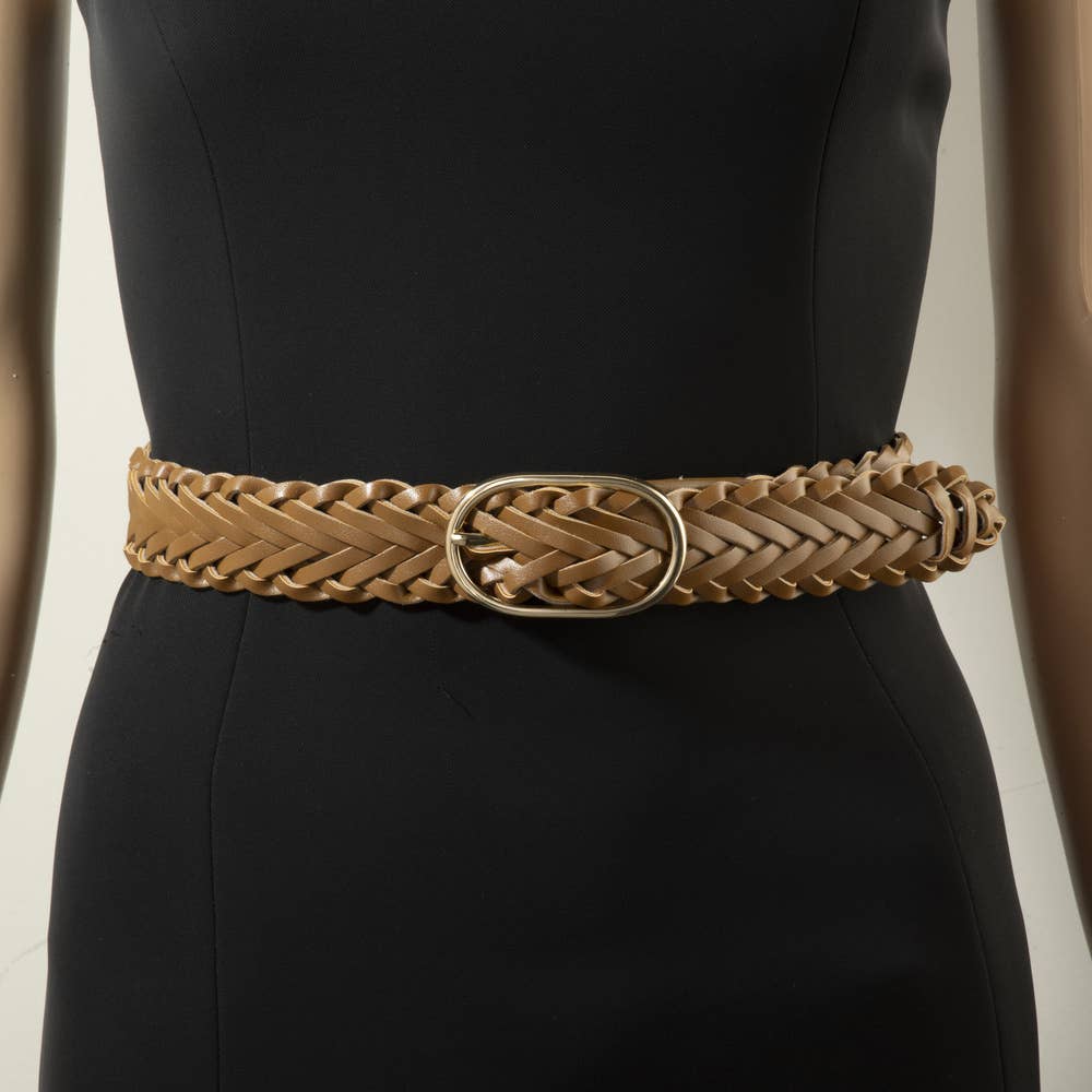 Wide Braided Vegan Leather Oval Buckle Belt