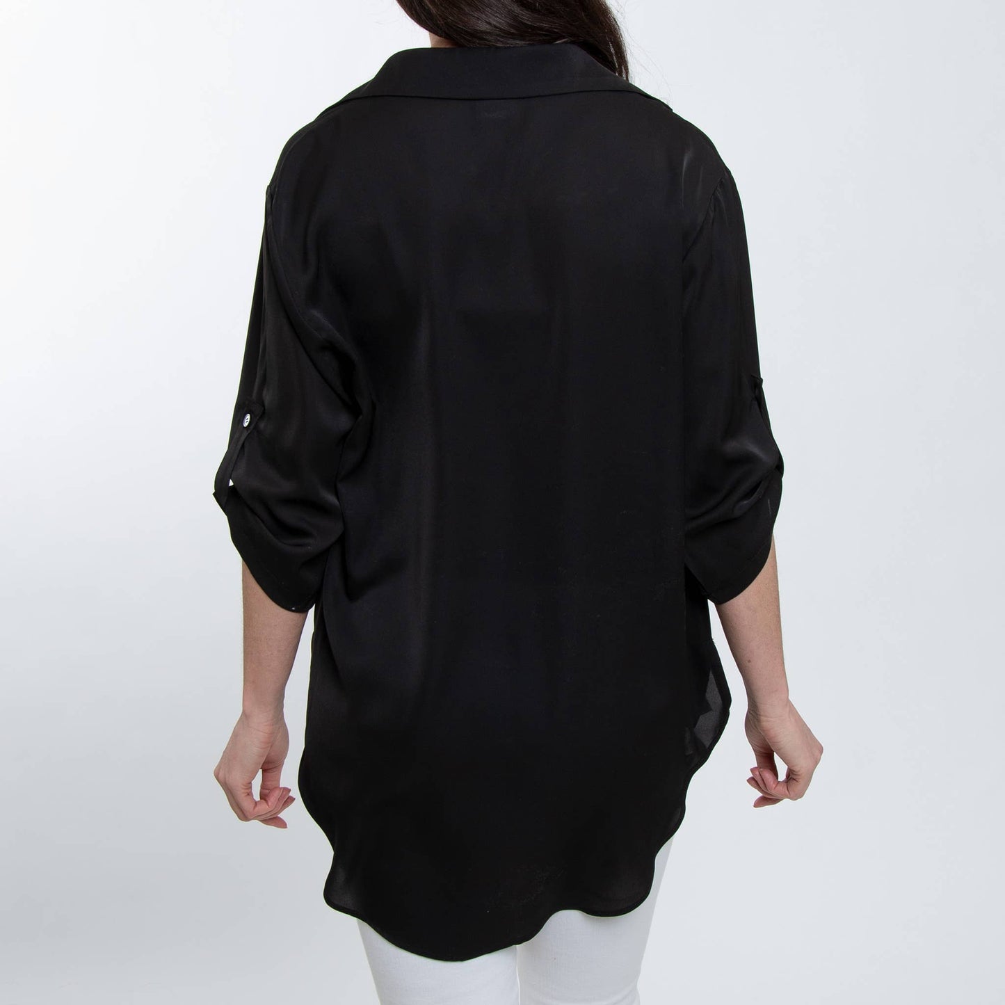 Elsie & Zoey blouse top with collared V-neck, relaxed fit, half sleeves, in soft fabric, styled on a hanger.