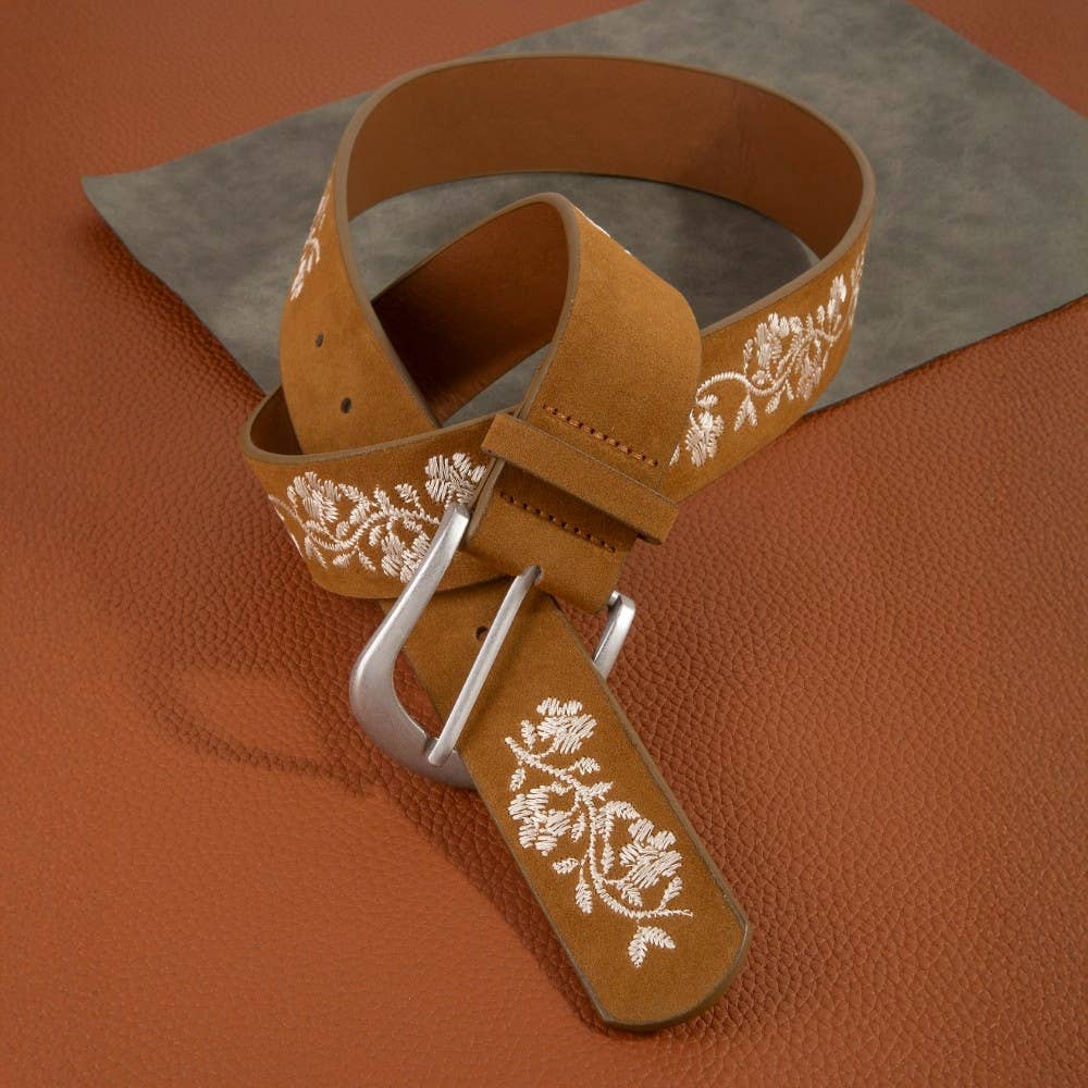 Embroidered Flower Vine Print Vegan Leather Belt