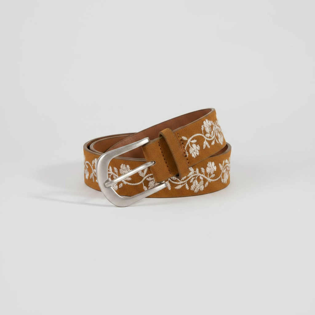 Embroidered Flower Vine Print Vegan Leather Belt