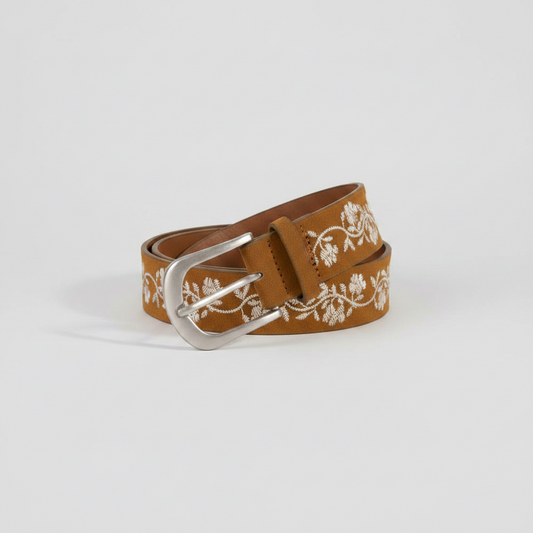 Embroidered Flower Vine Print Vegan Leather Belt