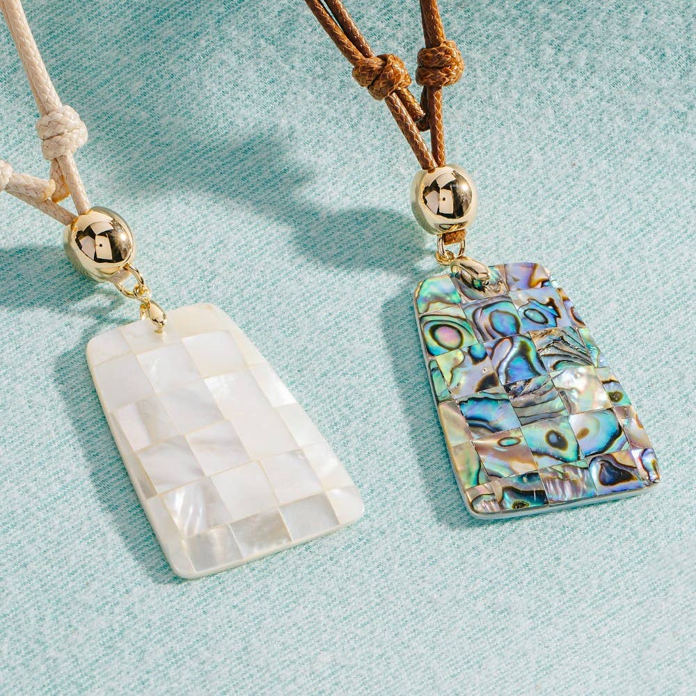 Shell Grid Rectangle Pendant Layered Cord Necklace