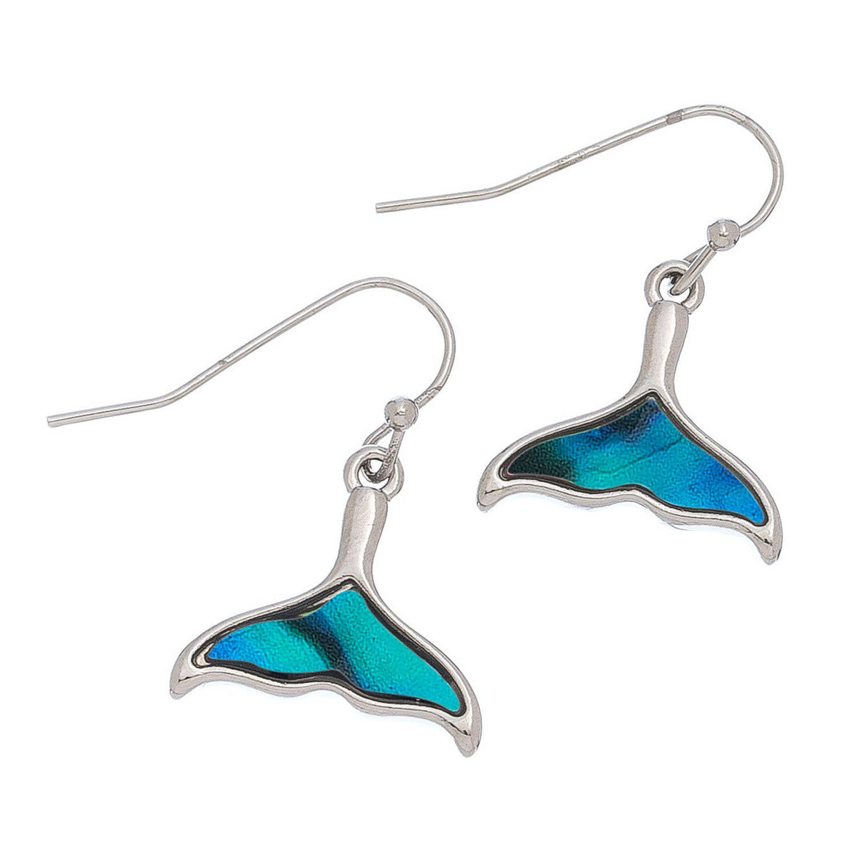 Silver Abalone Blue Whale Tail Earrings featuring ocean-inspired beach jewelry design by Elsie & Zoey.