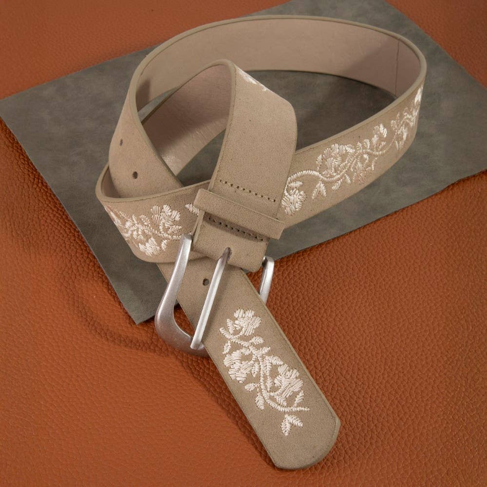 Embroidered Flower Vine Print Vegan Leather Belt