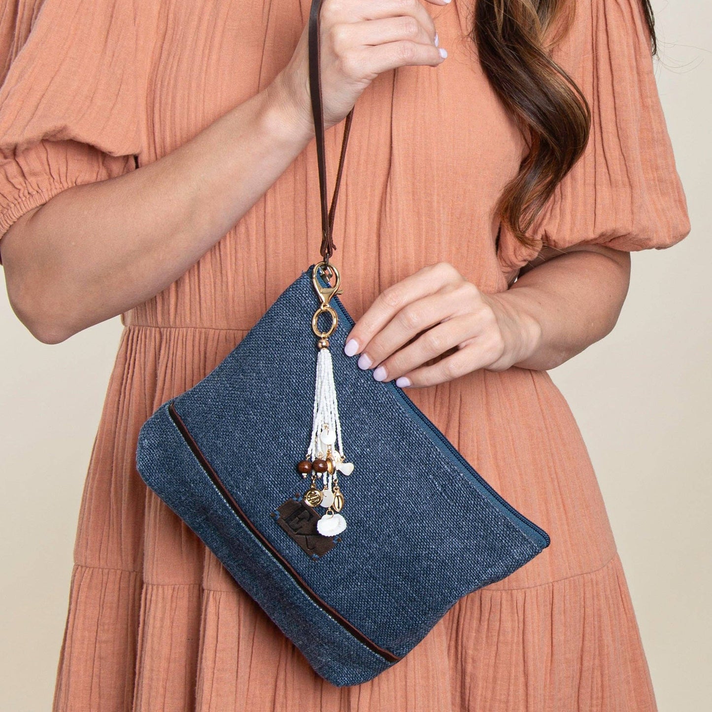 Navy Jute Leather Handled Clutch Purse