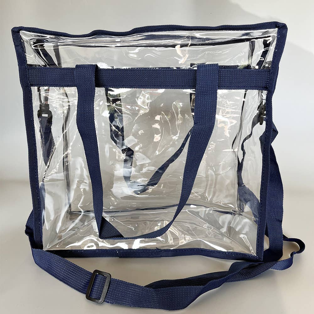 Clear tote bag with handles and zipper closure, stadium approved, by Wholesalesir, transparent design for security and style.