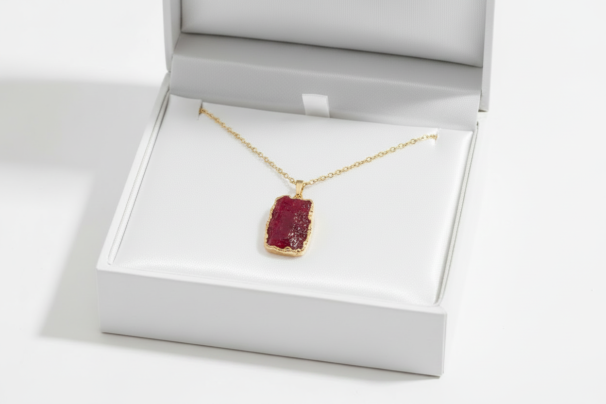 A gold necklace with a rectangular red gemstone pendant, displayed inside an open white jewelry box on a clean white background.
