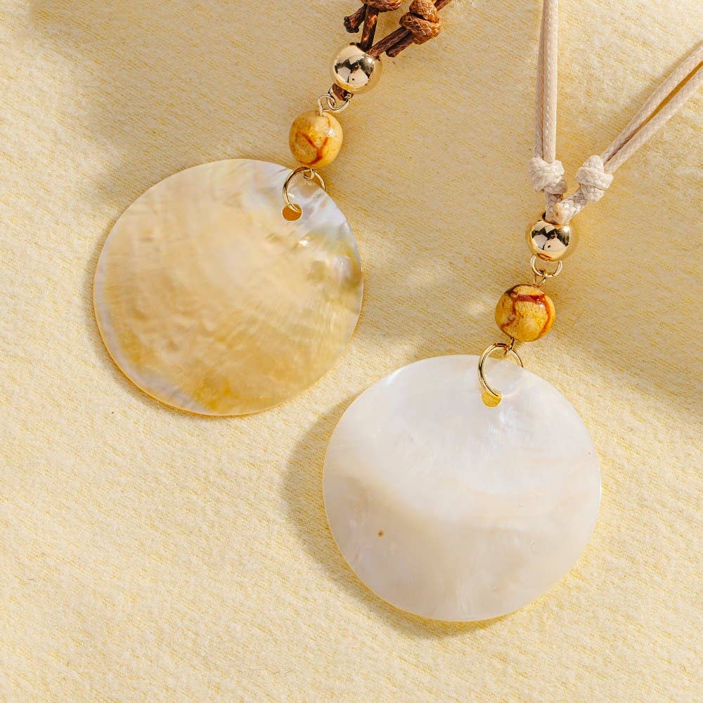 Large Sea Shell Disc Pendant And Beads Layered Cord Necklace