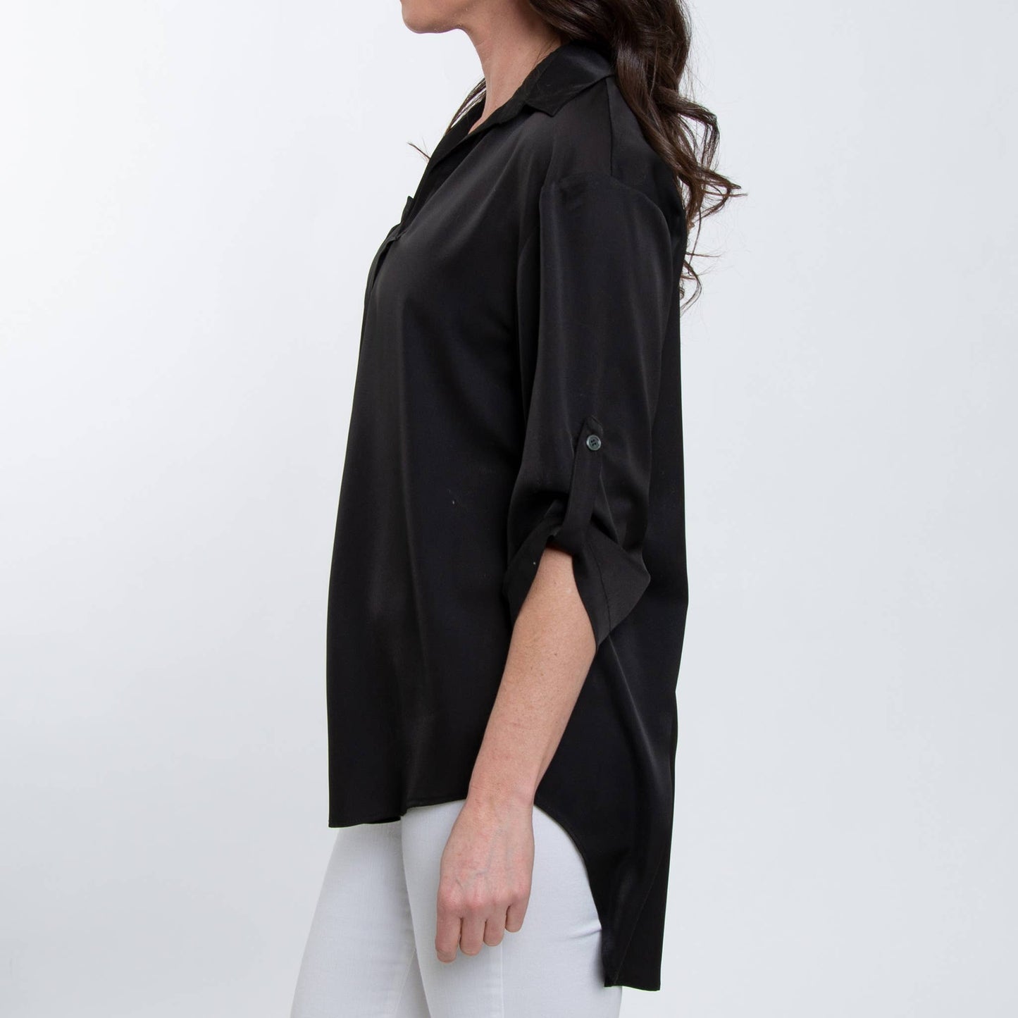 Elsie & Zoey Blouse Top Amaris with collared neckline, relaxed fit, half sleeves, and V-neck detail, displayed on a hanger.