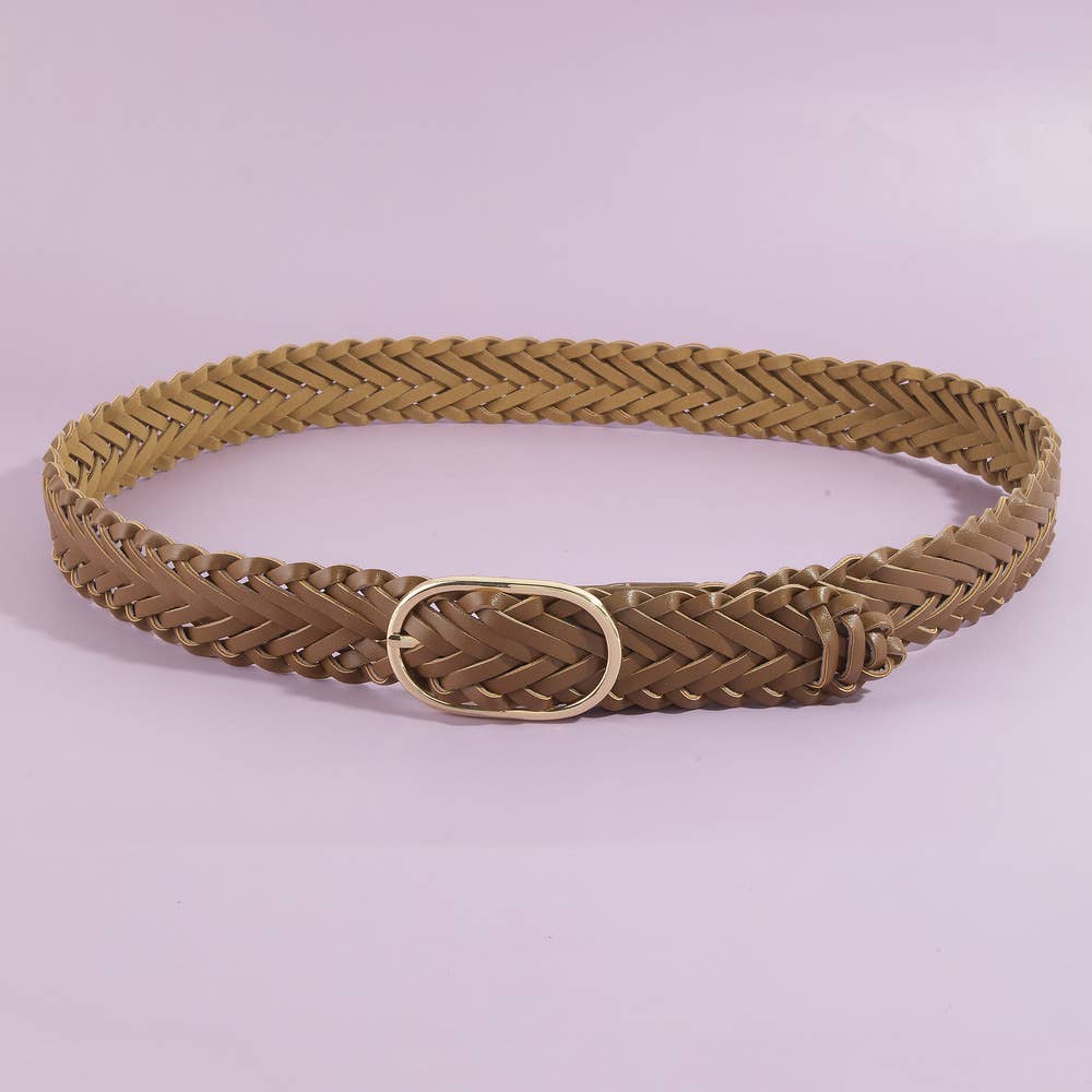 Brown woven belt with a gold buckle on a light purple background