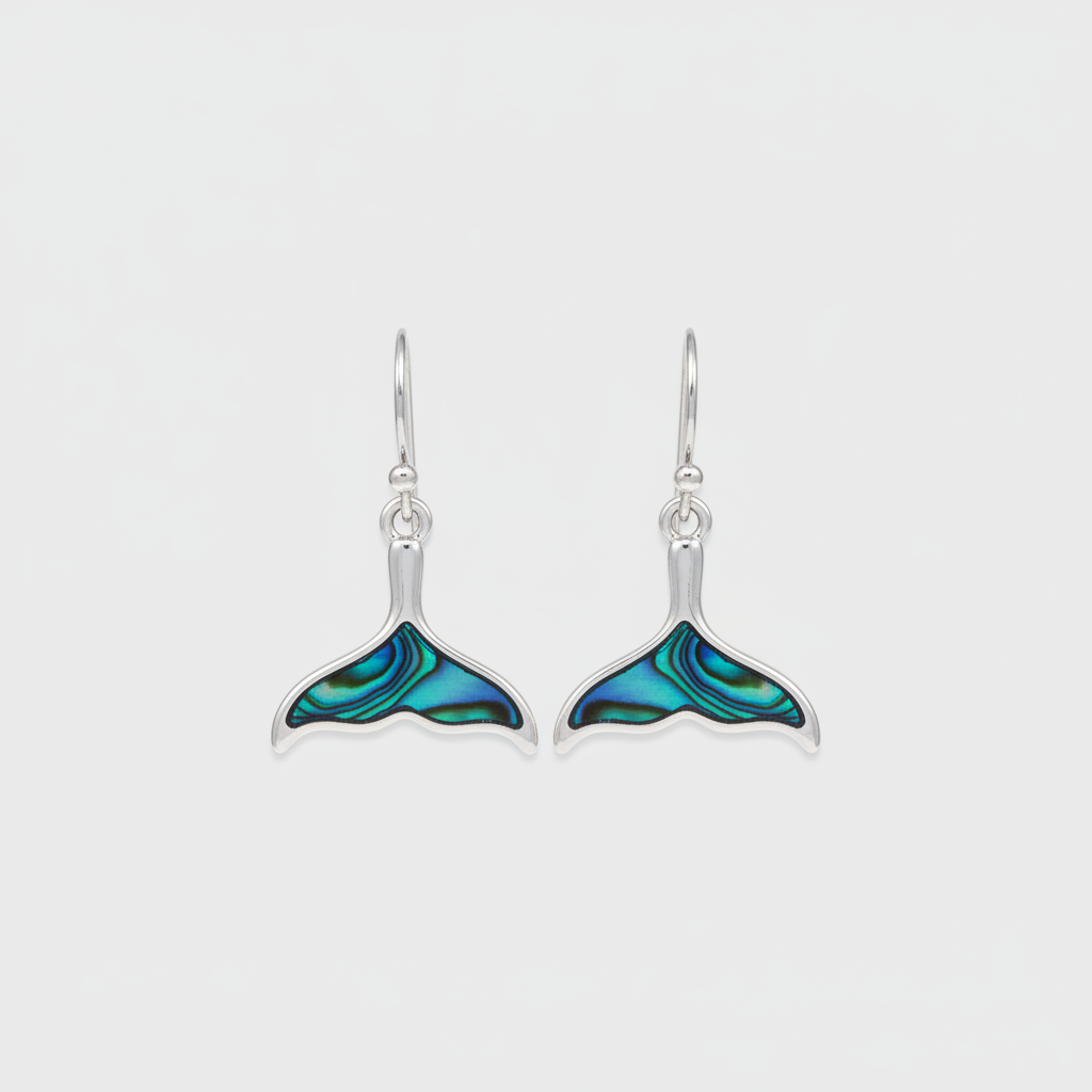 Elsie & Zoey abalone blue whale tail earrings with beach jewelry design featuring iridescent blue and shell details.