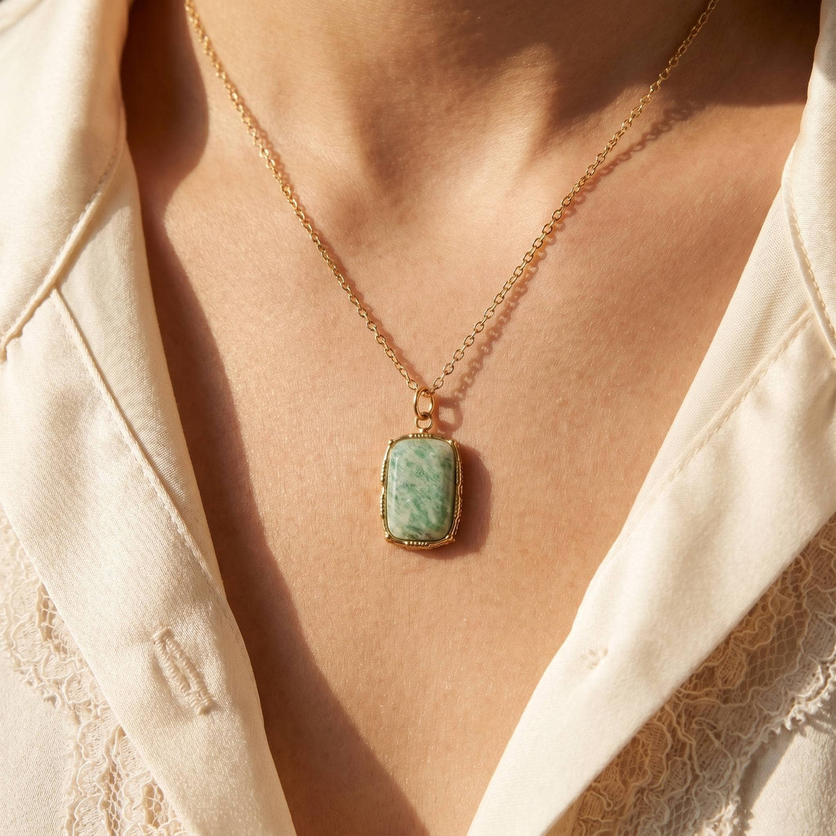 Stainless Steel Rectangle Stone Pendant Necklace