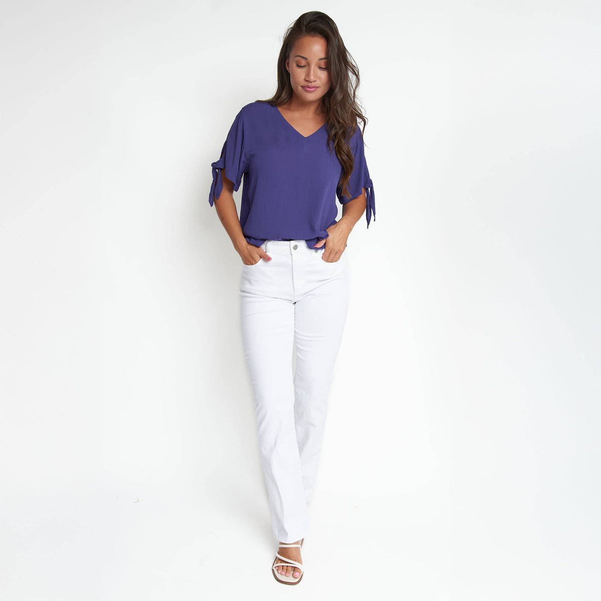 Elsie & Zoey Nika Crepe V-Neck Short Sleeve Blouse with tied front in cream, lightweight and stylish for casual wear