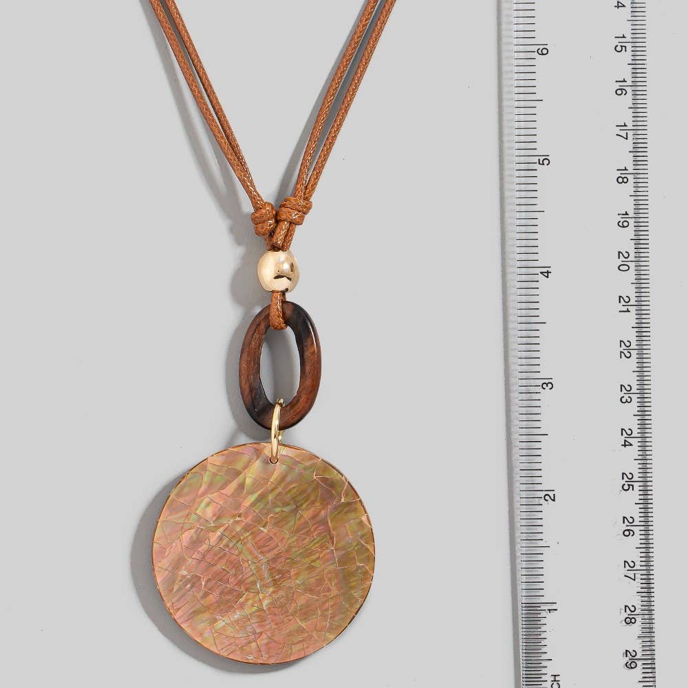 Mosaic Shell Disc And Wooden Hoop Pendant Cord Necklace