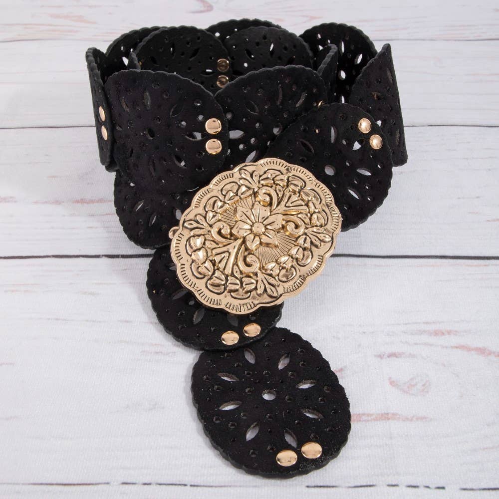 Embroidered Floral Buckle Vegan Leather Belt