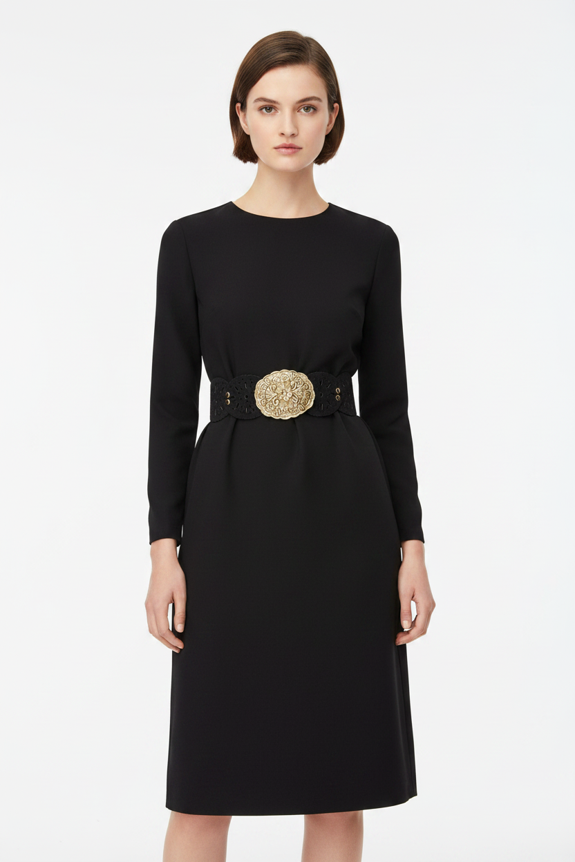 Black woven belt with a gold decorative buckle on a light wooden surface