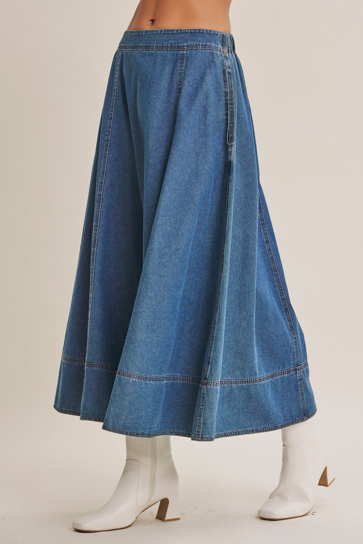 Denim Stretch Waist Pocket Skirt