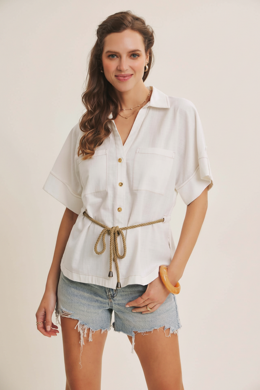 Cotton linen drawstring shirt with rope tie detail, featuring a relaxed fit and casual style from Chic Speak Boutique.
