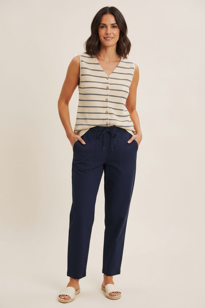Chic Speak Boutique Bayside Leisure striped button-down sweater top with a relaxed fit and horizontal blue and white stripes.