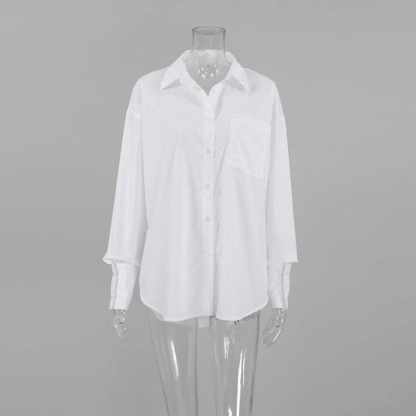 A white long-sleeve button-up shirt with a chest pocket, displayed on a clear mannequin against a solid gray background.