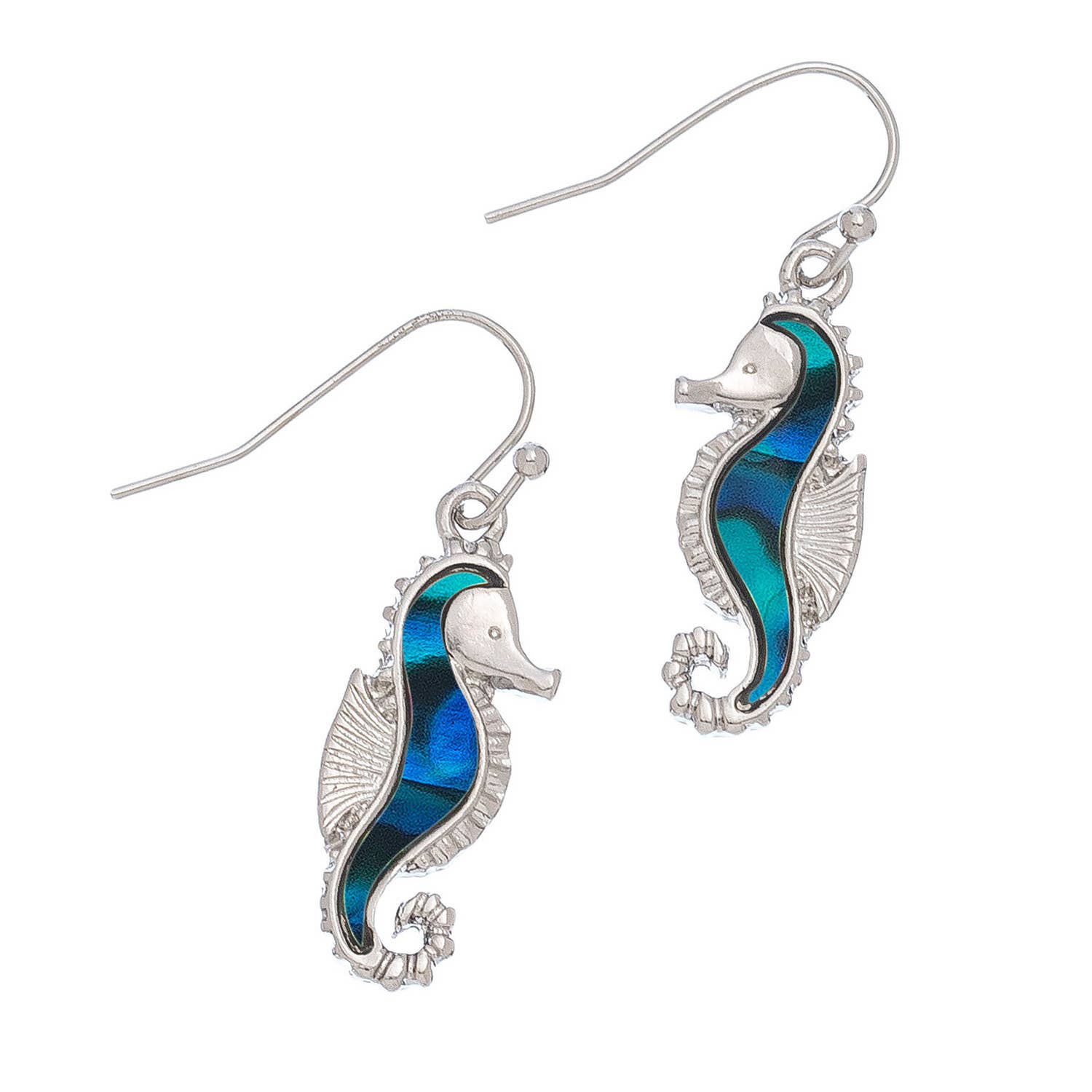 Elsie & Zoey abalone sea horse earrings featuring ocean-inspired beach jewelry with colorful, intricate sea horse charms.
