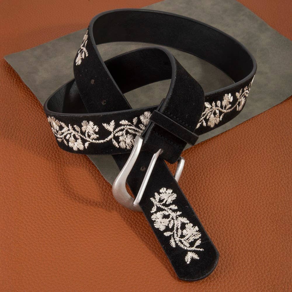 Embroidered Flower Vine Print Vegan Leather Belt