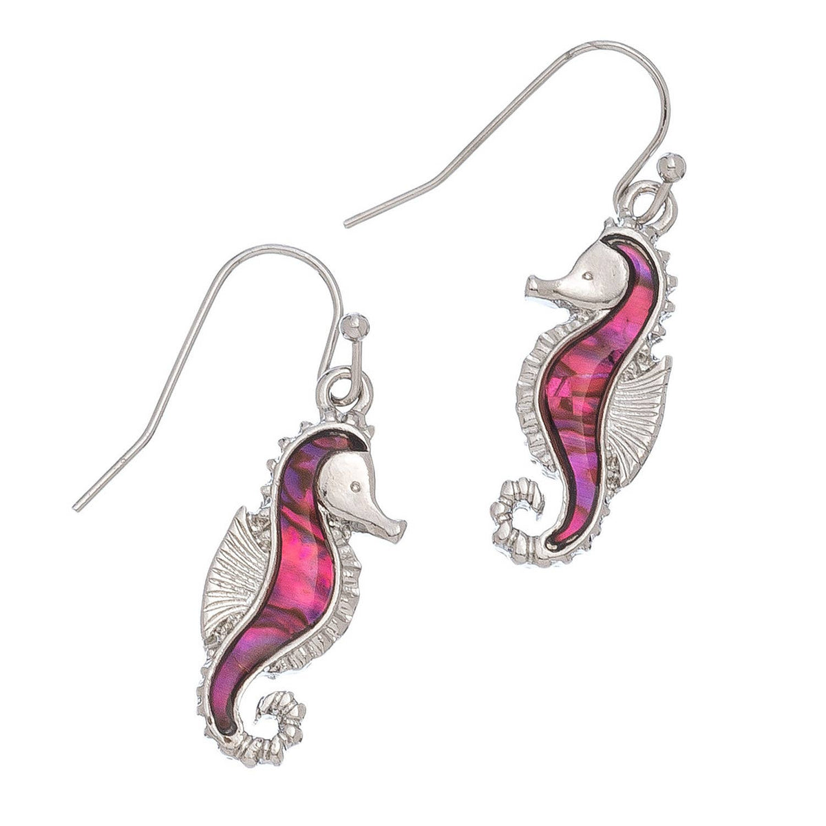 Elsie & Zoey abalone sea horse earrings featuring intricate sea horse shapes with iridescent abalone shells on beach jewelry style earrings