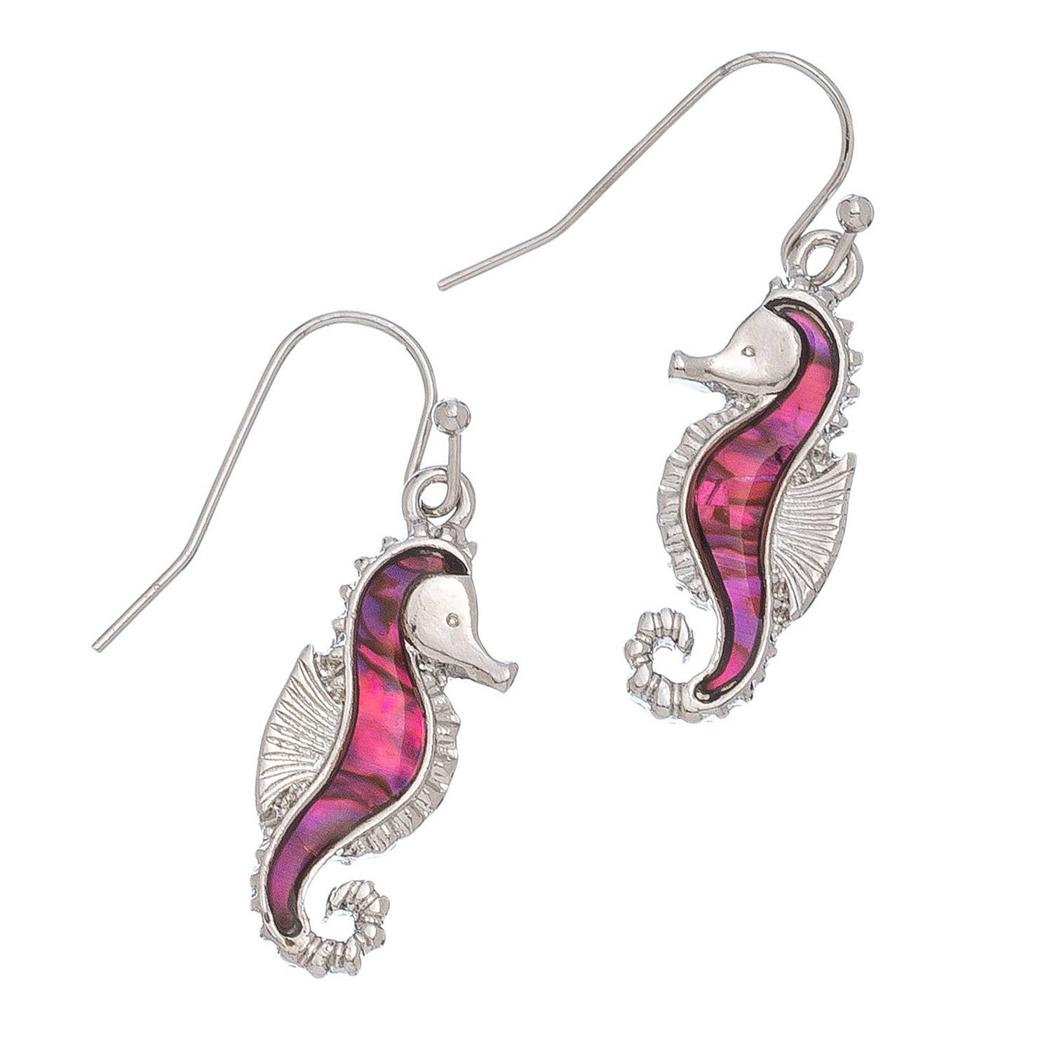 Elsie & Zoey abalone sea horse earrings featuring intricate sea horse shapes with iridescent abalone shells on beach jewelry style earrings
