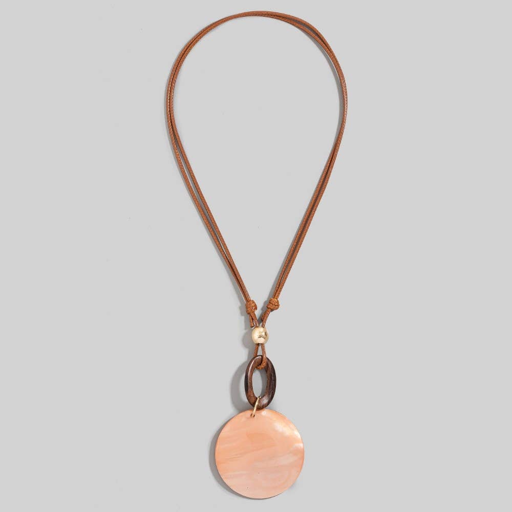 Large Sea Shell Disc Pendant Wooden Hoop Cord Necklace