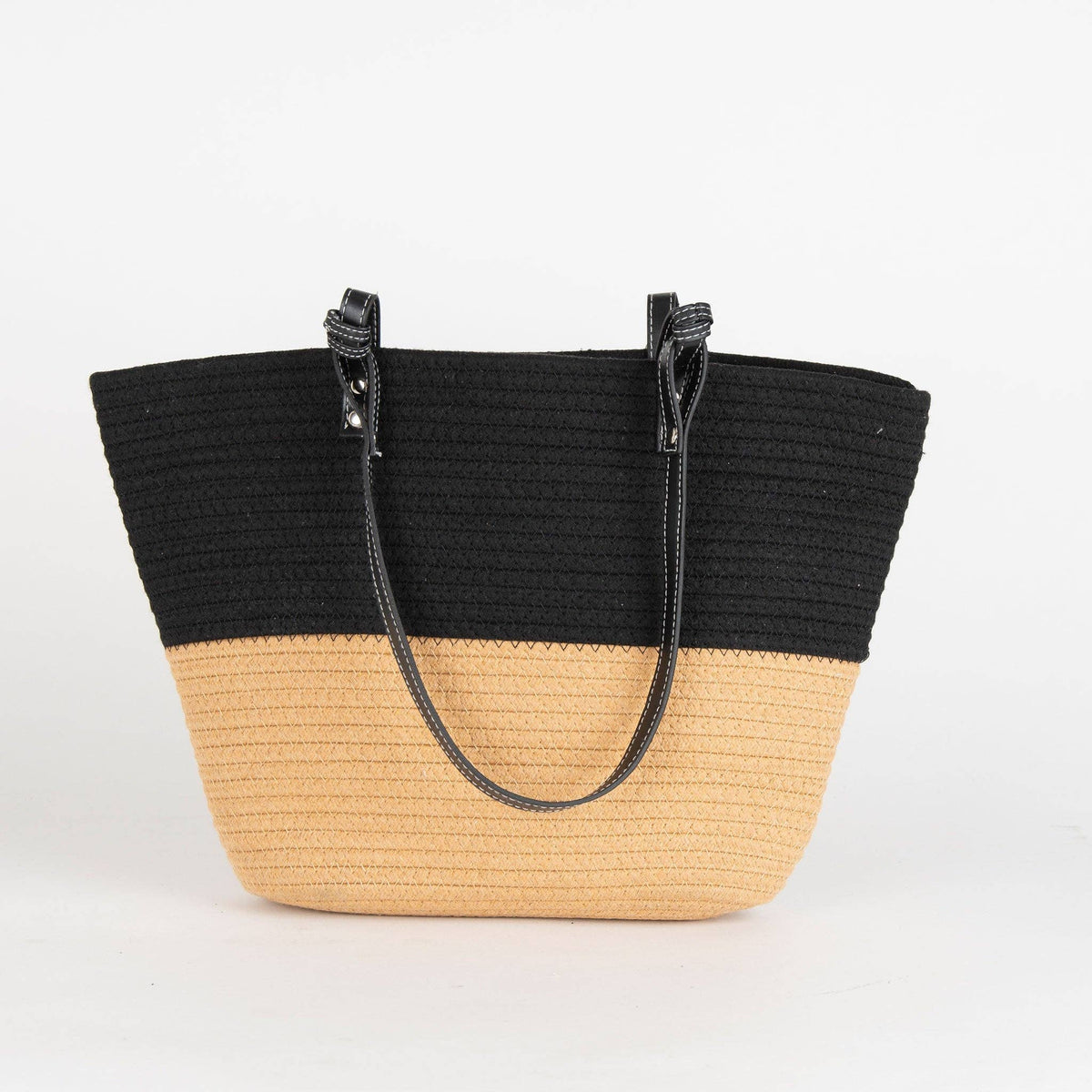 Elsie & Zoey woven beach tote bag with sturdy handles and spacious interior, perfect for seaside outings and summer days.