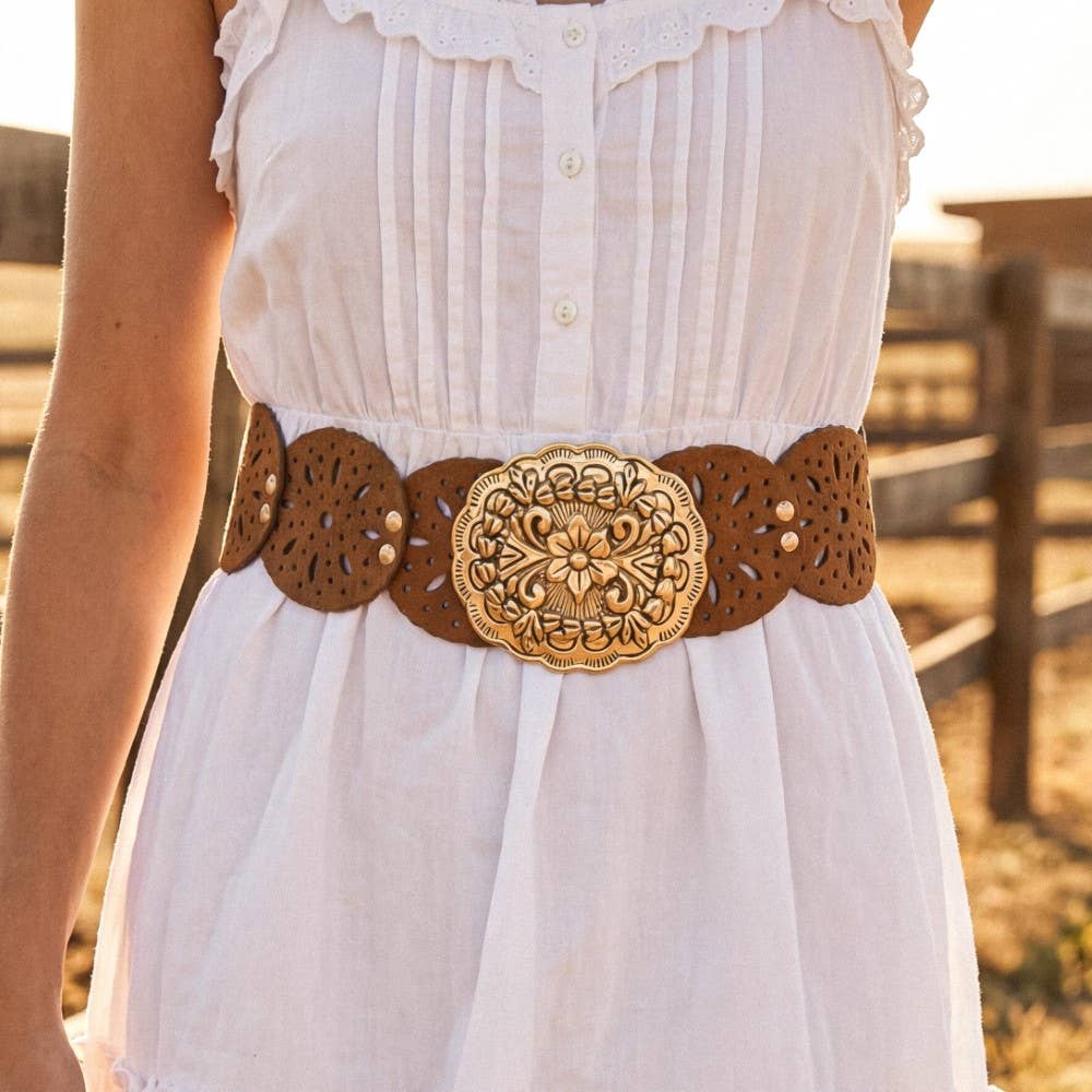 Anarchy Street embroidered floral buckle vegan leather belt with colorful floral embroidery on black vegan leather.