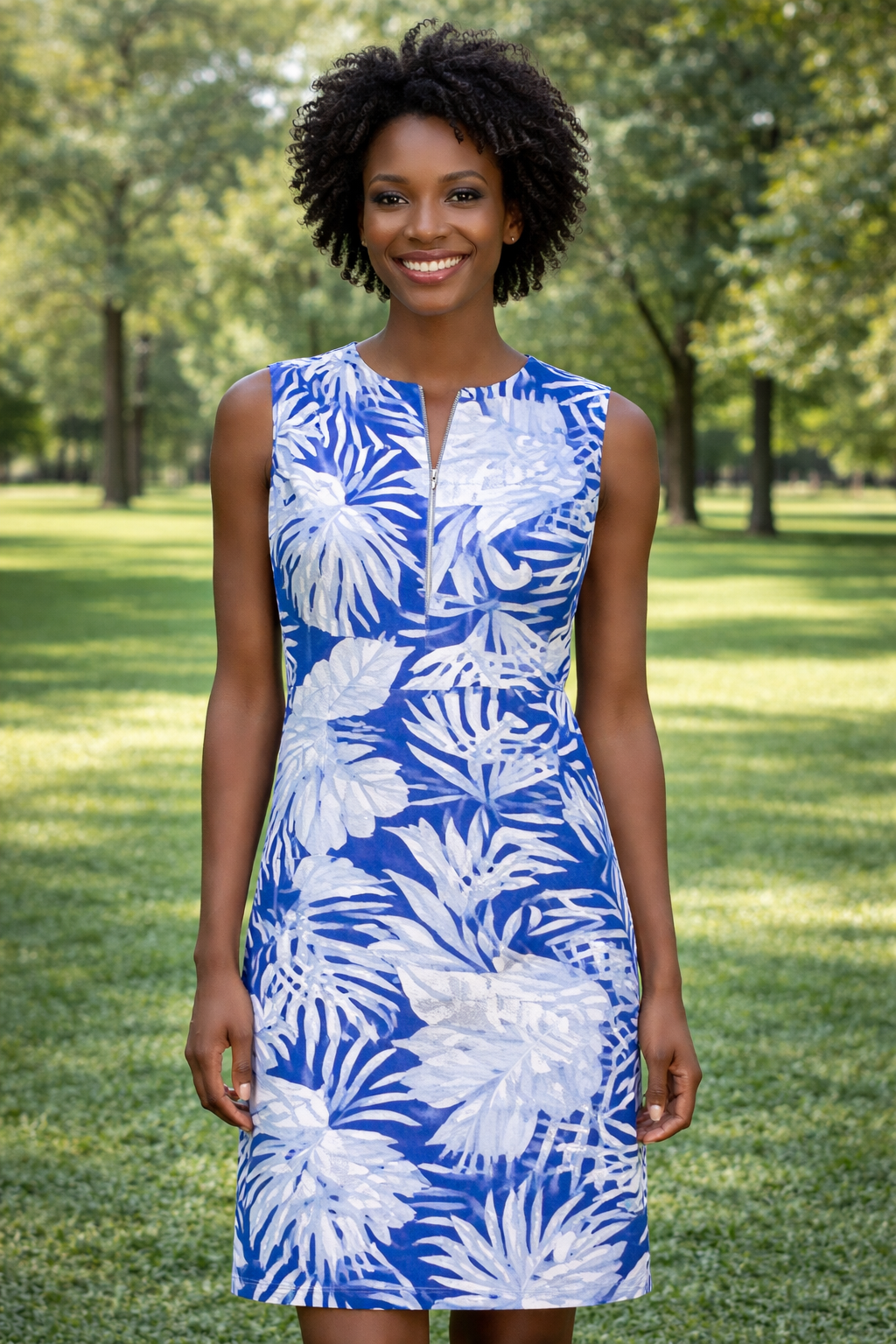 Banana Boat Women UPF 50+ sleeveless zip dress by Basix of America, lightweight sun-protective dress with front zipper detail.