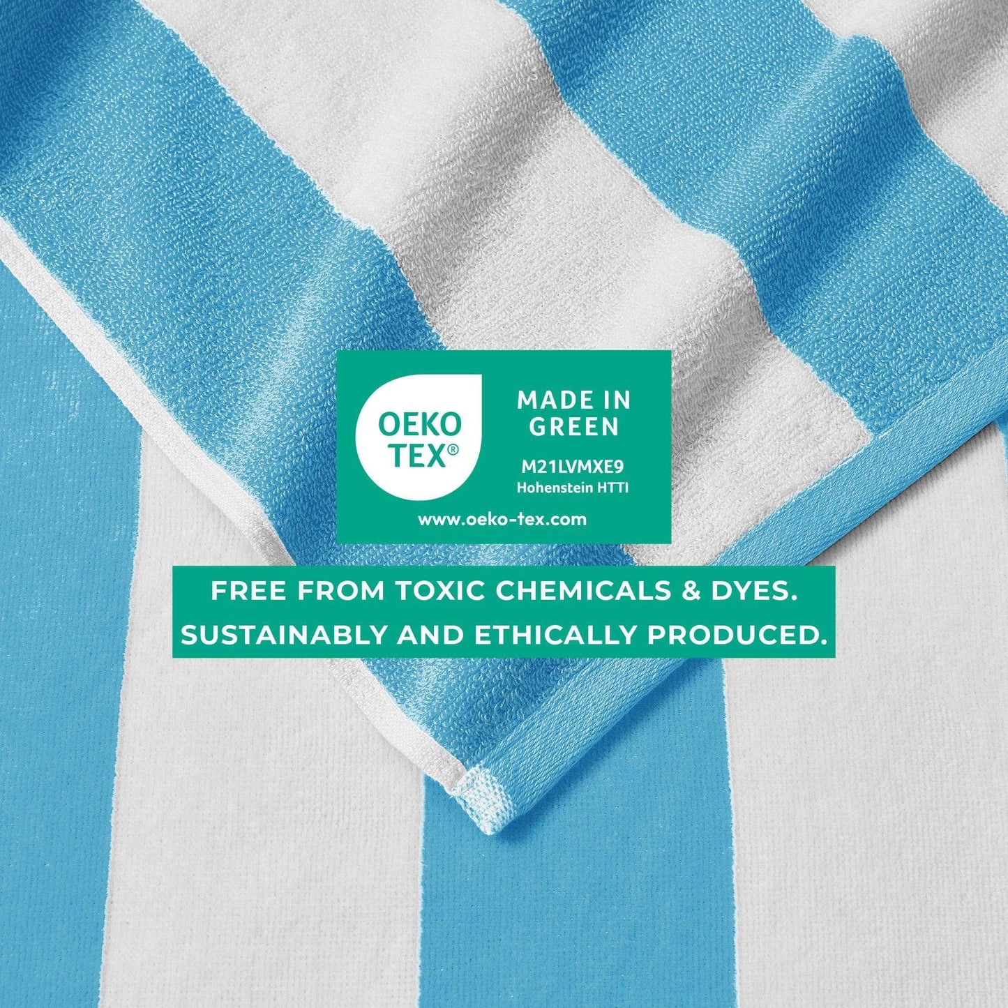 Air Blue cotton velour cabana stripe beach towel from BH Collective's Novia Collection, oversized 35x70 inches, with bold stripe pattern.