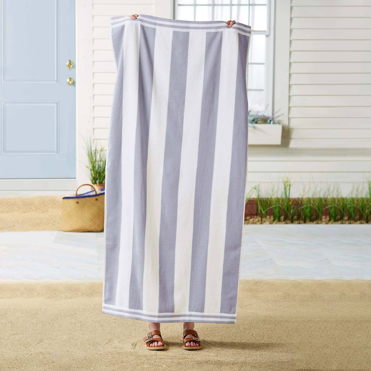BH Collective Striped Cabana Oversized Beach Towel with Edgartown pattern, featuring bold horizontal stripes and soft, absorbent fabric.