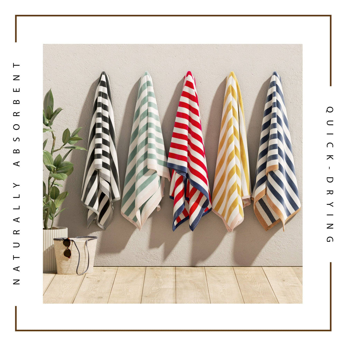BH Collective oversized striped border cabana beach towel with vibrant Santa Cruz design, featuring colorful stripes and soft terry fabric.
