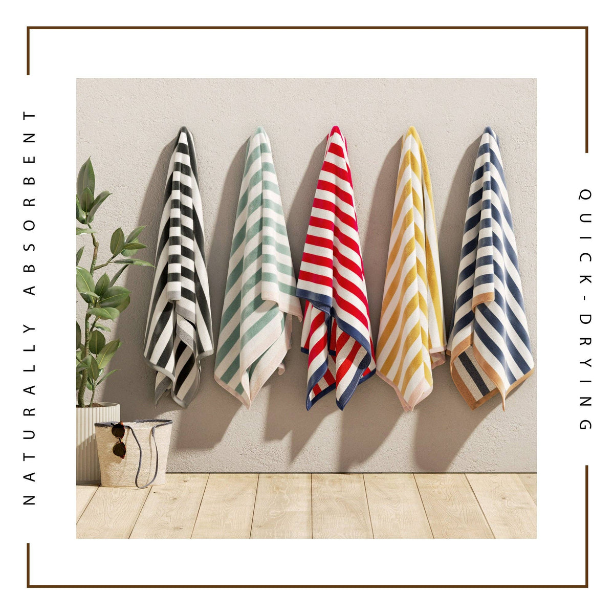 Oversized Santa Cruz striped border cabana beach towel by BH Collective, featuring vibrant colorful stripes on soft terry fabric.