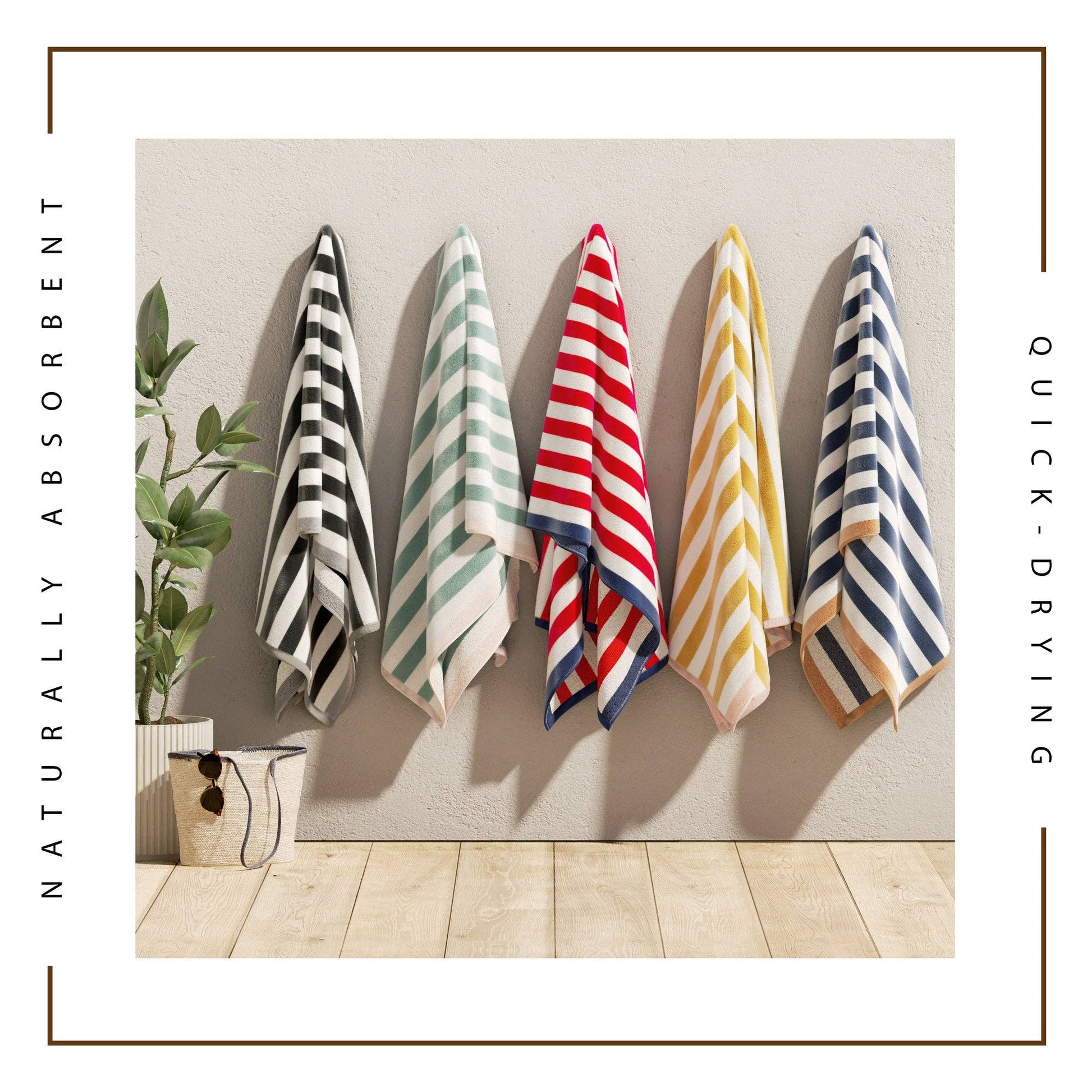Oversized Santa Cruz striped border cabana beach towel by BH Collective, featuring vibrant colorful stripes on soft terry fabric.